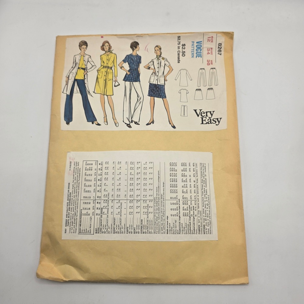 Vogue 8267 Sewing Pattern Jacket Dress Pants Skirt Overblouse 70s Mod Size 12
